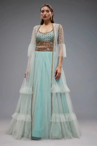 Blue net jacket lehenga