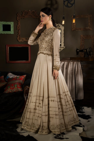 Beige-embroidered floor length gown