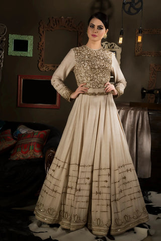 Beige-embroidered floor length gown