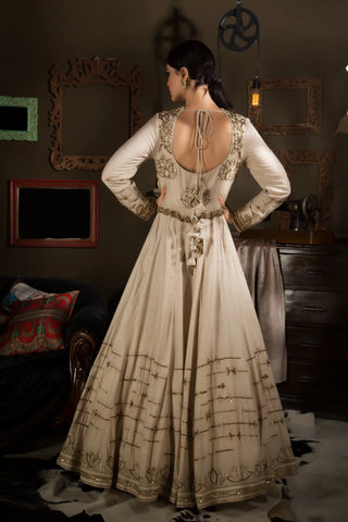 Beige-embroidered floor length gown