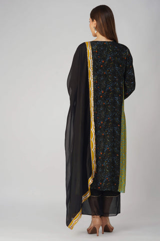 Black leaf print panelled kurta set