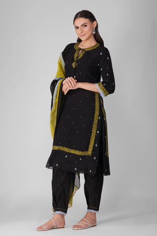 Black cosmic flower black kurta set