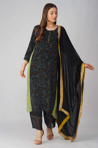 Black leaf print panelled kurta set