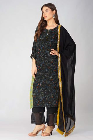 Black leaf print panelled kurta set