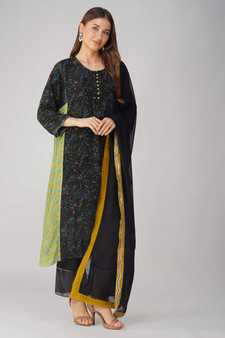 Black leaf print panelled kurta set