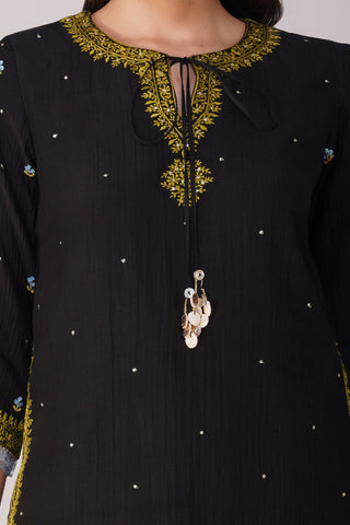 Black cosmic flower black kurta set