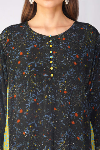 Black leaf print panelled kurta set