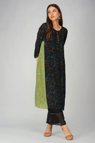 Black leaf print panelled kurta set