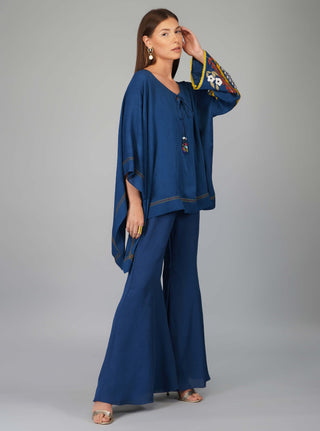 Egyptian blue applique kaftan and flared pant set