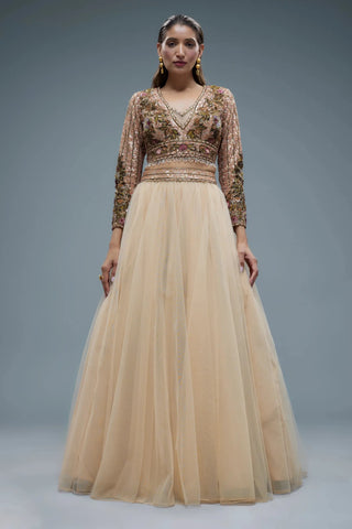 Beige net blouse with lehenga