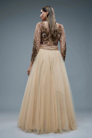 Beige net blouse with lehenga