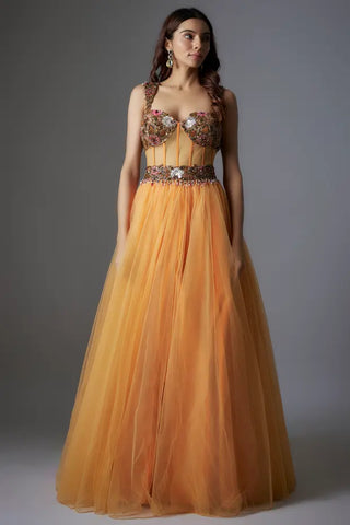 Orange net patchwork & botanical printed corset gown