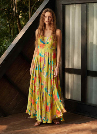 Yellow botanique flowy ankle length dress