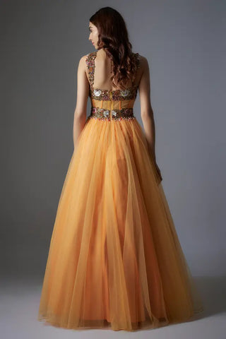 Orange net patchwork & botanical printed corset gown