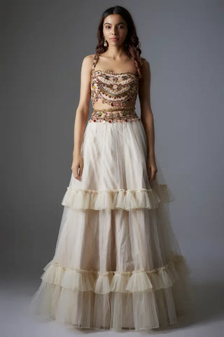 Ivory net tassel embroidered lehenga