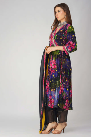 Black flower print angrakha set