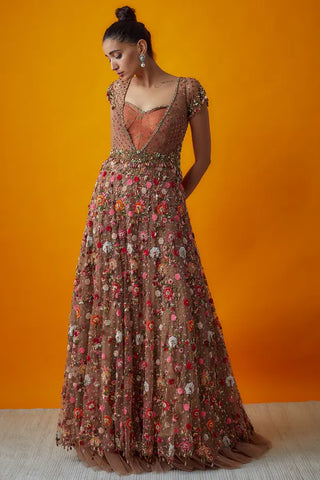 Multicolor embroidered gown with brocade bodice