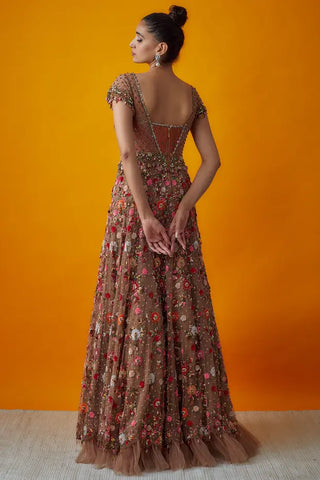 Multicolor embroidered gown with brocade bodice