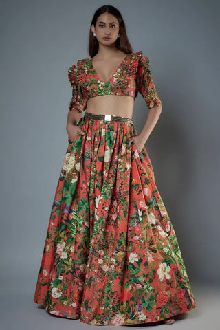 Orange botanical printed ruffle blouse with lehenga