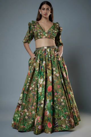 Green botanical printed ruffle blouse with lehenga