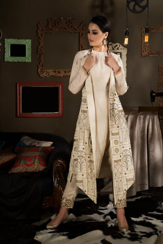 Beige-embroidered halter jacket with kurta and pants