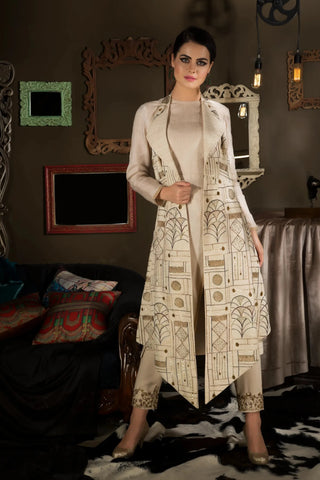 Beige-embroidered halter jacket with kurta and pants