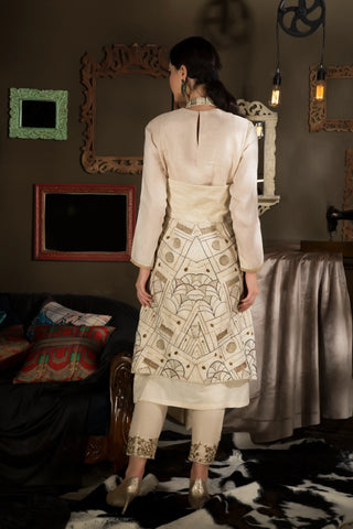 Beige-embroidered halter jacket with kurta and pants