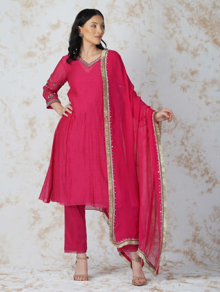 Antique work rani pink kurta set