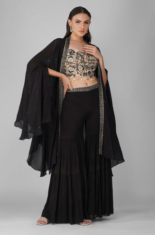 Black starry rose cape and gharara set