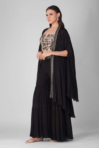 Black starry rose cape and gharara set