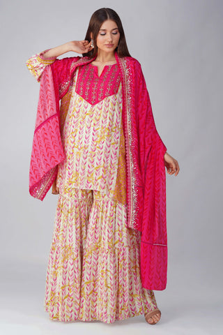 Pink leaf printed gharara set