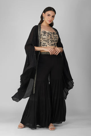 Black starry rose cape and gharara set