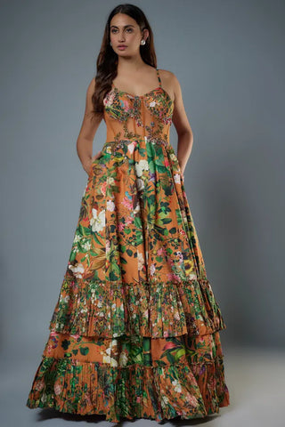 Orange botanical printed raw silk gown