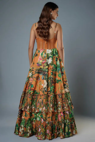 Orange botanical printed raw silk gown