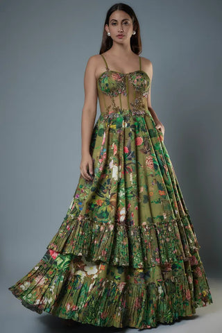 Green botanical printed raw silk gown