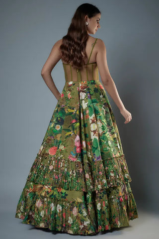 Green botanical printed raw silk gown