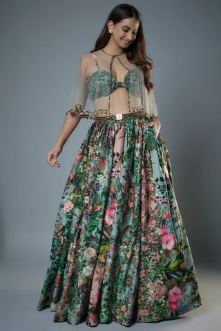 Multicolor printed patchwork bustier with dual-coloured godet skirt