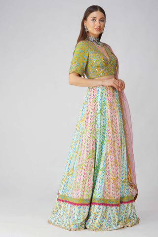 Multicolor leaf print lehenga set