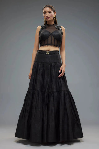 Black and patch work blouse and lehenga