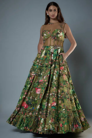 Green embroidered botanical printed raw silk gown