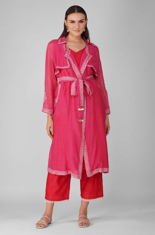 Magenta trench with kurta and pants