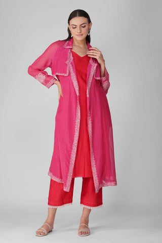 Magenta trench with kurta and pants