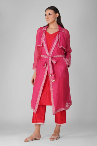 Magenta trench with kurta and pants