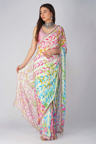 Pink blue leaf print pre-stitched saree and blouse