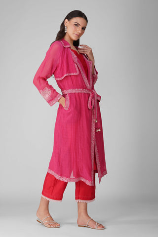 Magenta trench with kurta and pants