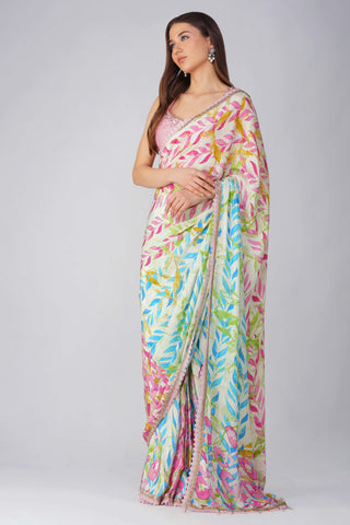 Pink blue leaf print pre-stitched saree and blouse