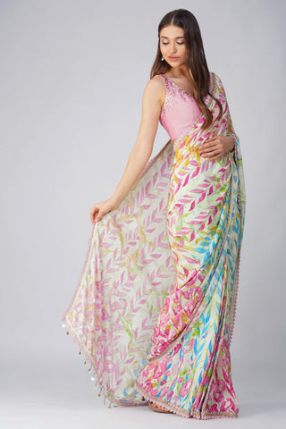 Pink blue leaf print pre-stitched saree and blouse