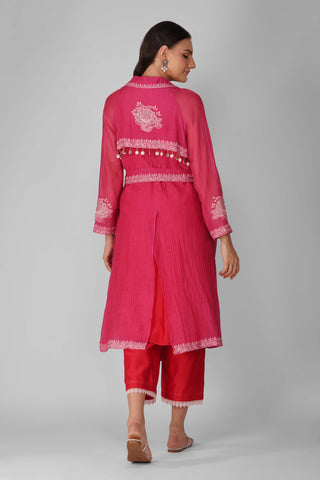 Magenta trench with kurta and pants