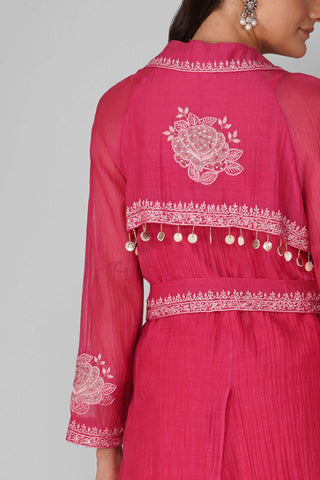 Magenta trench with kurta and pants