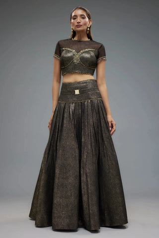 Black and gold sheer blouse with lehenga